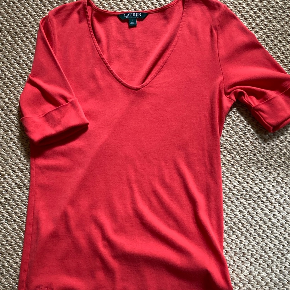 Ralph Lauren Orange Elbow-length Sleeve V-Neck Tee